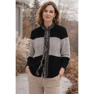 Chico's Arlene Fringe Cardigan Sweater Womens 2 Large Black Colorblock